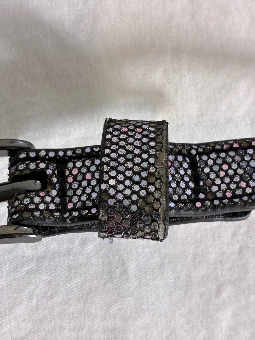 Women's belt 34” Sparkle Black Faux Leather Iridescent Finish braided